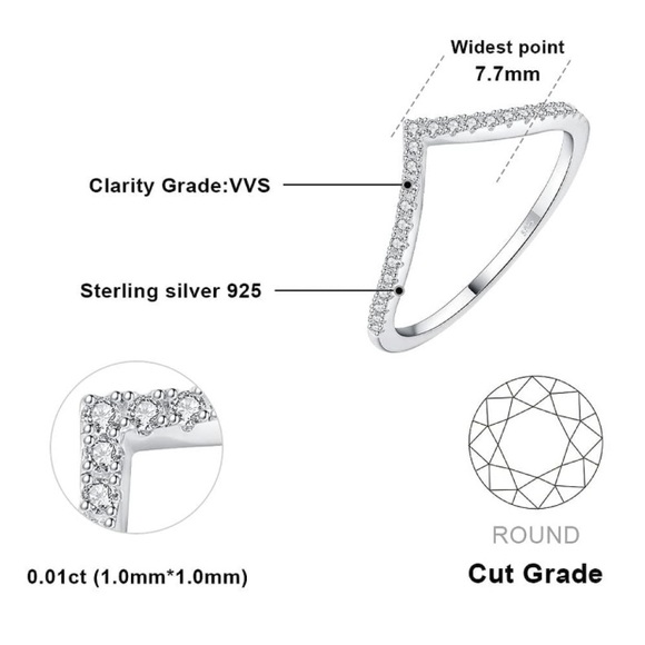 V Shape Round Cut Moissanite Band Ring - Picture 5 of 12